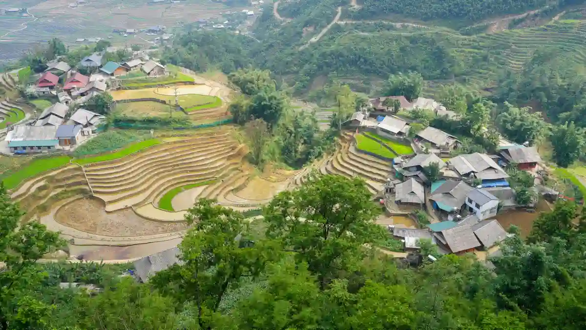 View over Lao Chai and Ta Van villages with terraced rice fields in the Muong Hoa valley