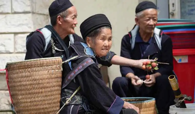 Elderly Flower Hmong vendors at the Bac Ha Sunday market in traditional dress