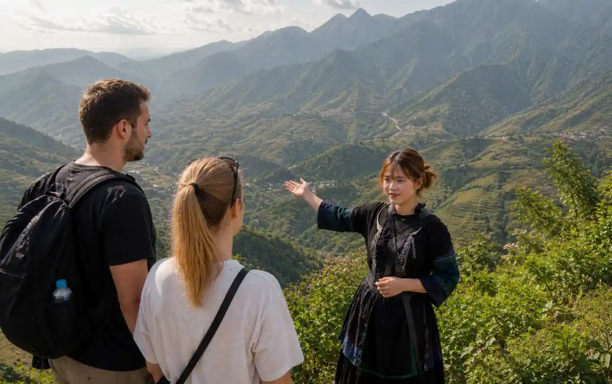Local Hmong guide pointing out a viewpoint to two travellers above the Sapa valley